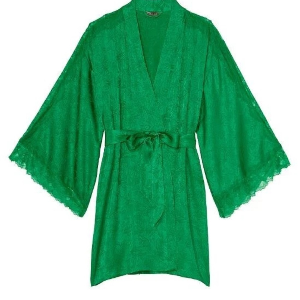 Victoria's Secret Vibrant Green Lace Robe Women Size M/L Viscose Blend